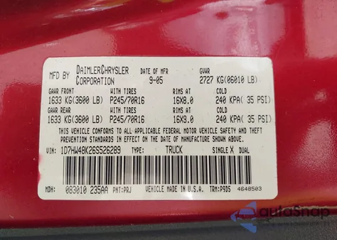 2006 Dodge Dakota Slt из США, поврежденный, VIN 1D7HW48K26S526289